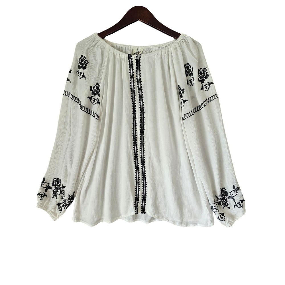 Tantrums White Black Floral Embroidered Peasant Blouse B15361-0014 Womens Large